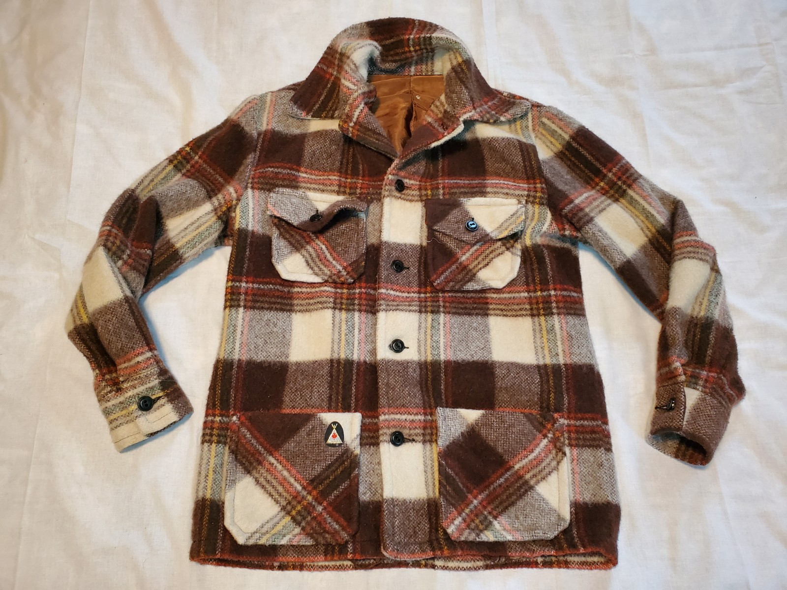 Vintage Brown Plaid Canadian Wool Mohair Camper Coat Bell Shirt Womens Medium