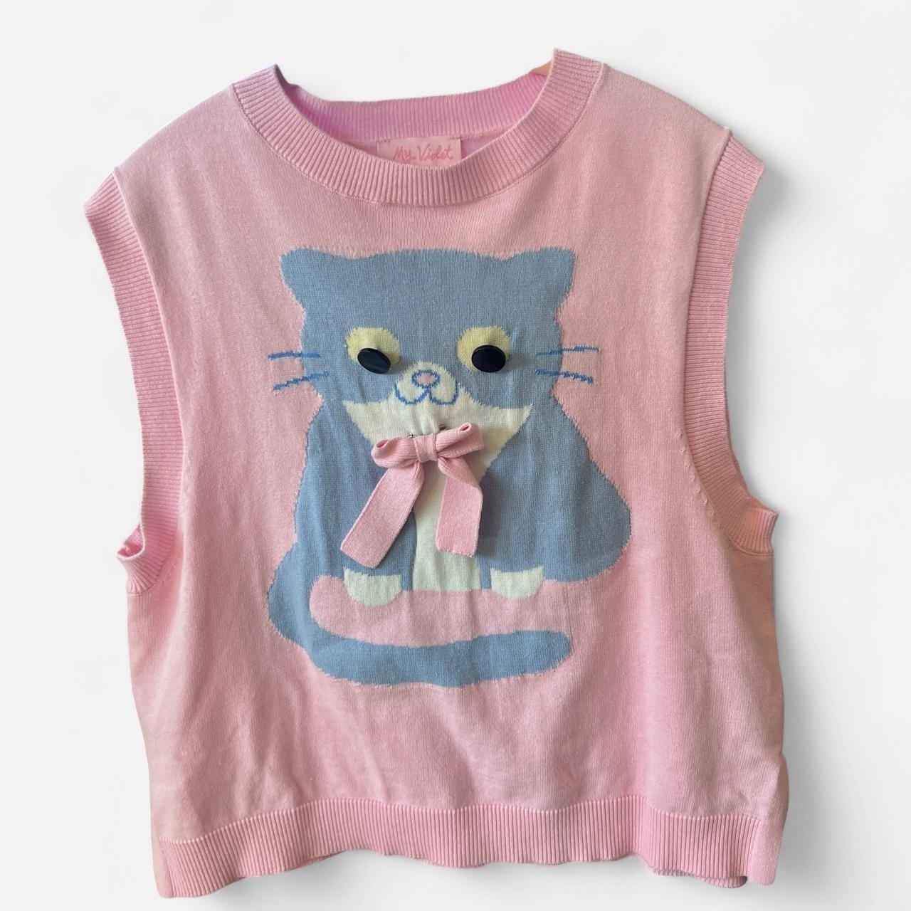 My Violet Pink Cat Knit Sweater Vest XL Blue Kitty Button Eyes Bow Coquette