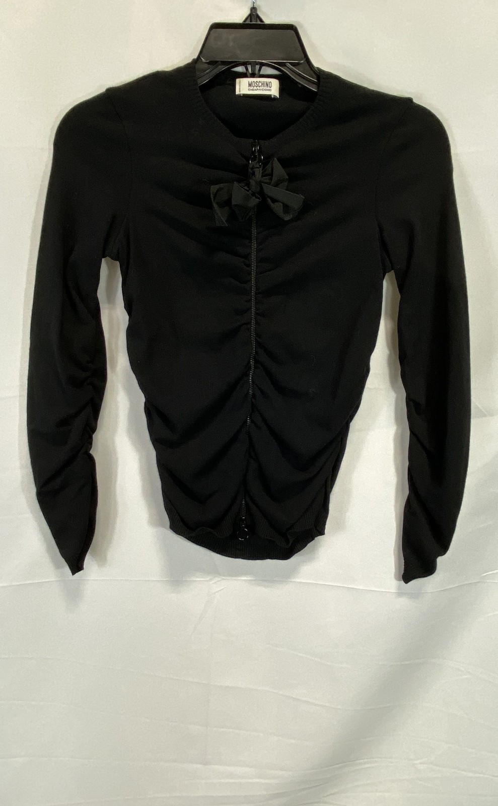 Vintage Y2K Moschino Cheapandchic Women’s Black Ruched Zip Front Bow Sweater