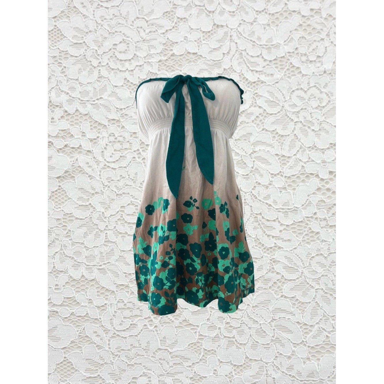 vintage y2k green and white floral babydoll top with bow