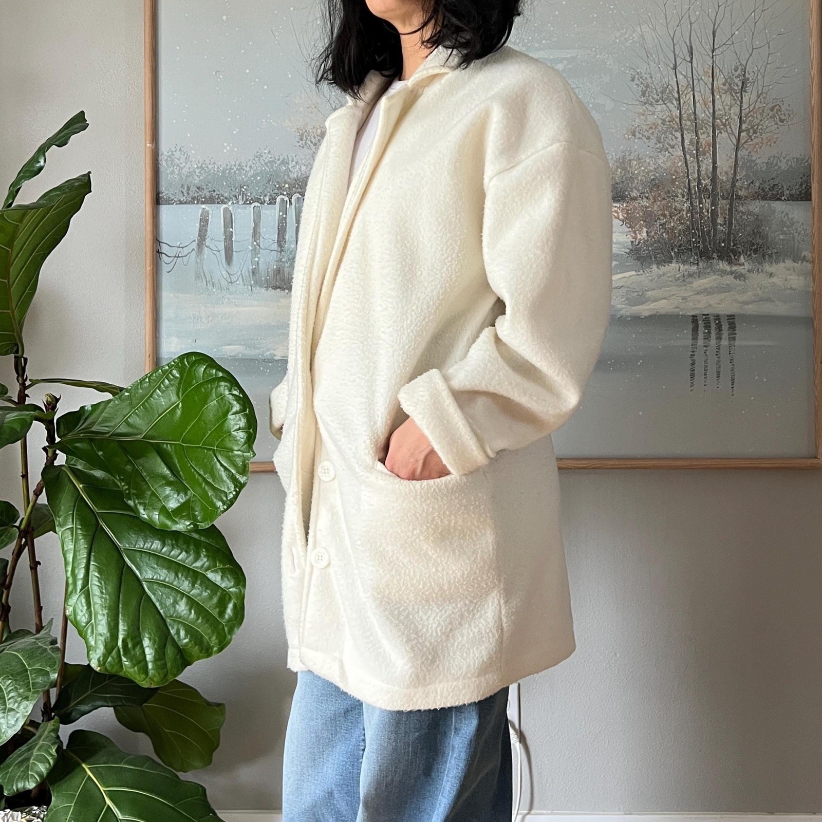 Vintage Cream Fleece Jacket Oversized Minimalist Coat Cozy Neutral 90s