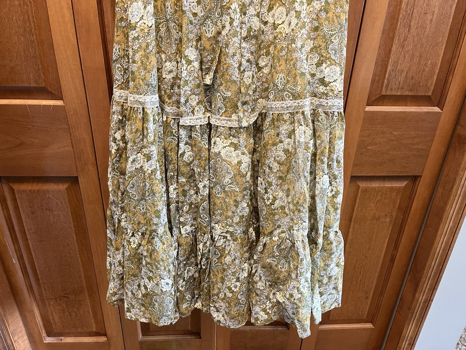 Vintage Floral Green Tan Floral Lace No Tags Prairie Maxi Dress