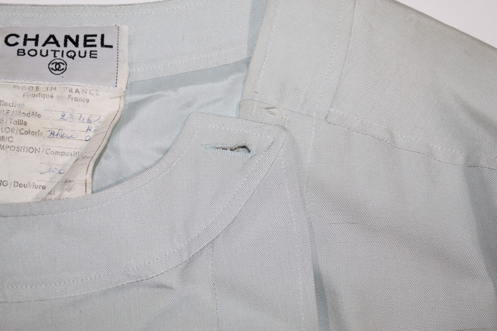 Vintage CHANEL Pale Blue Sheath Silk Dress 80s Square Shoulder Pockets Size 2