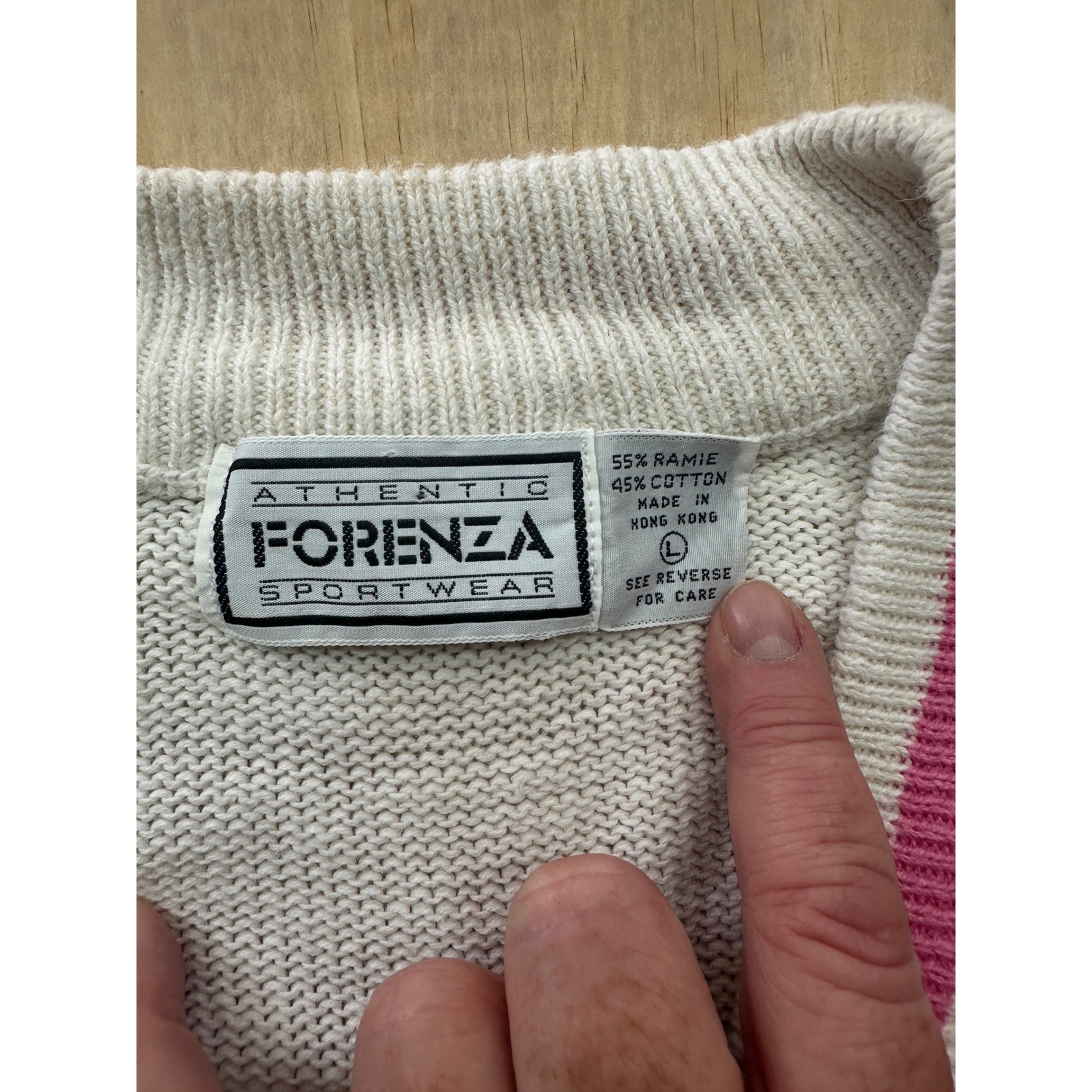 Vintage Forenza Sportswear V-Neck Sweater White Pink Blue Green Stripes Large