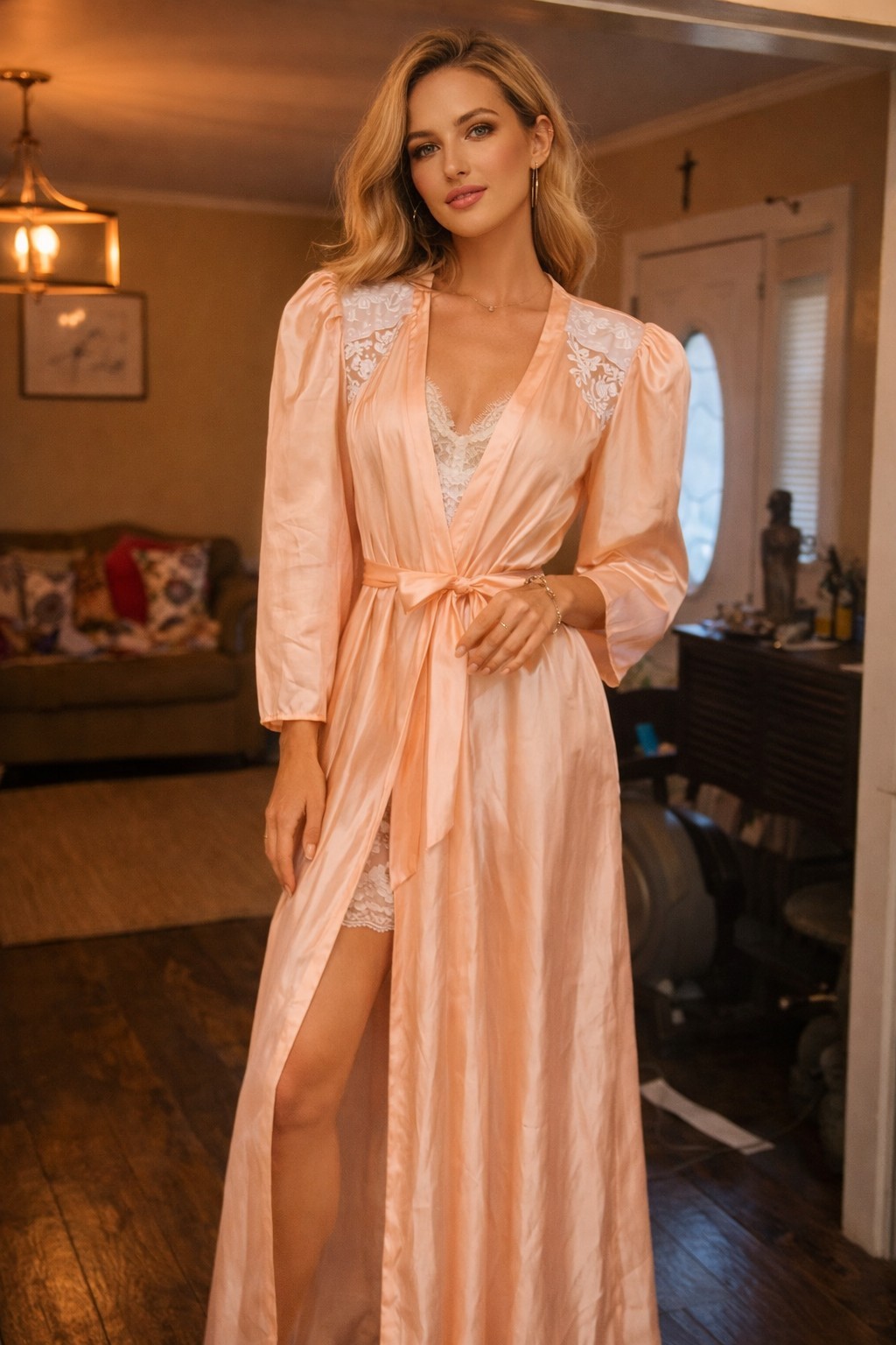 Vintage Peach Satin Hostess Robe Womens XL Puff Sleeve Lace Trim Glamous