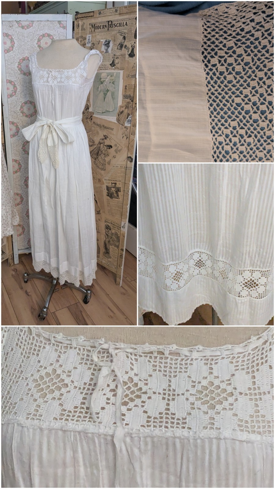 2 Antique Edwardian Nightgown & Apron Cotton Batiste Pique Crochet Prairie Chic