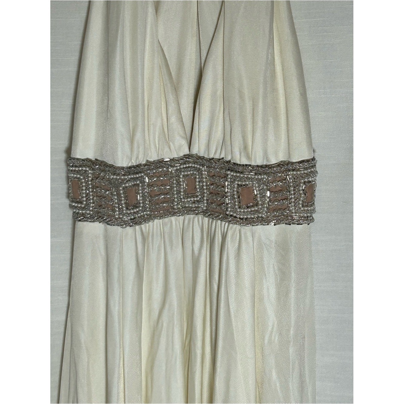 True Vintage Circa 1970’s Cream Halter Maxi Dress with Embellished Beaded Waist
