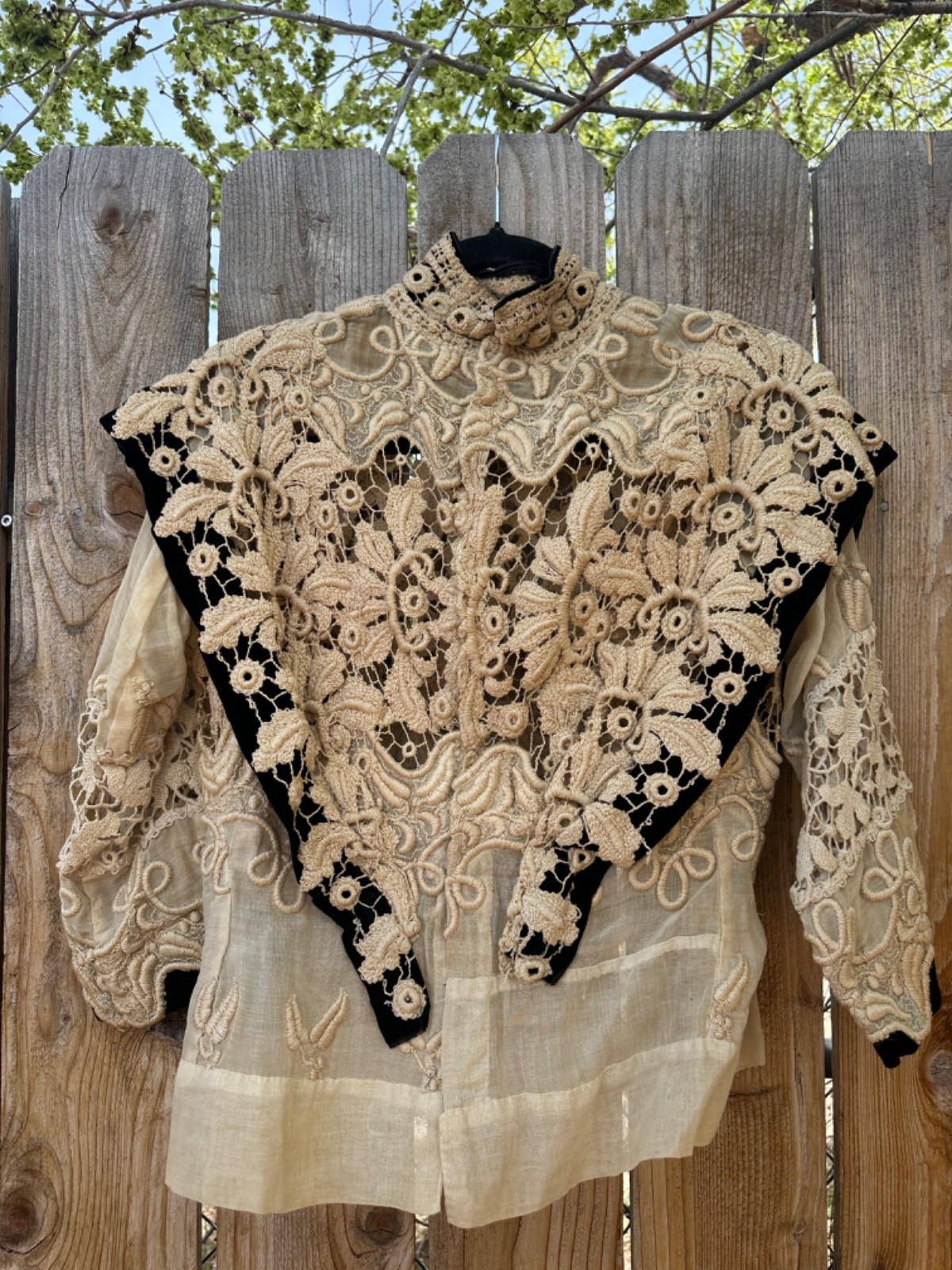Edwardian Hand Made Irish Crochet Lace and Velvet Blouse Bodice Rare Antique