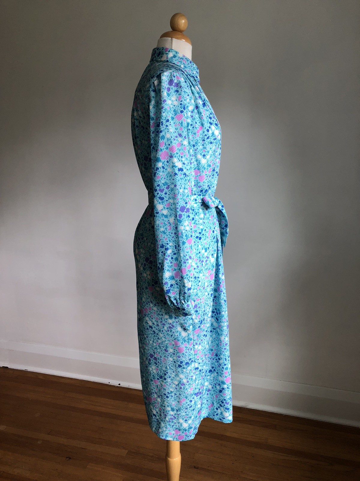 BEAUTIFUL VTG SCHRADER SPORT New York Blue Floral Silky Button-up Midi Dress 10