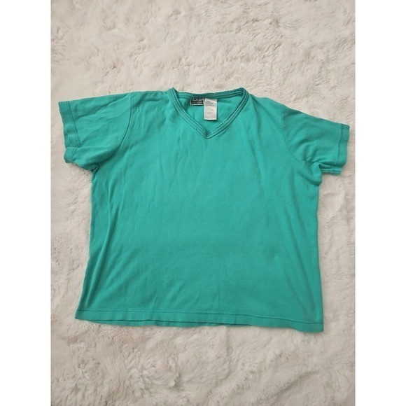 Basic Editions Vintage Teal Green V-Neck T-Shirt Large 100% Cotton Boxy Y2K
