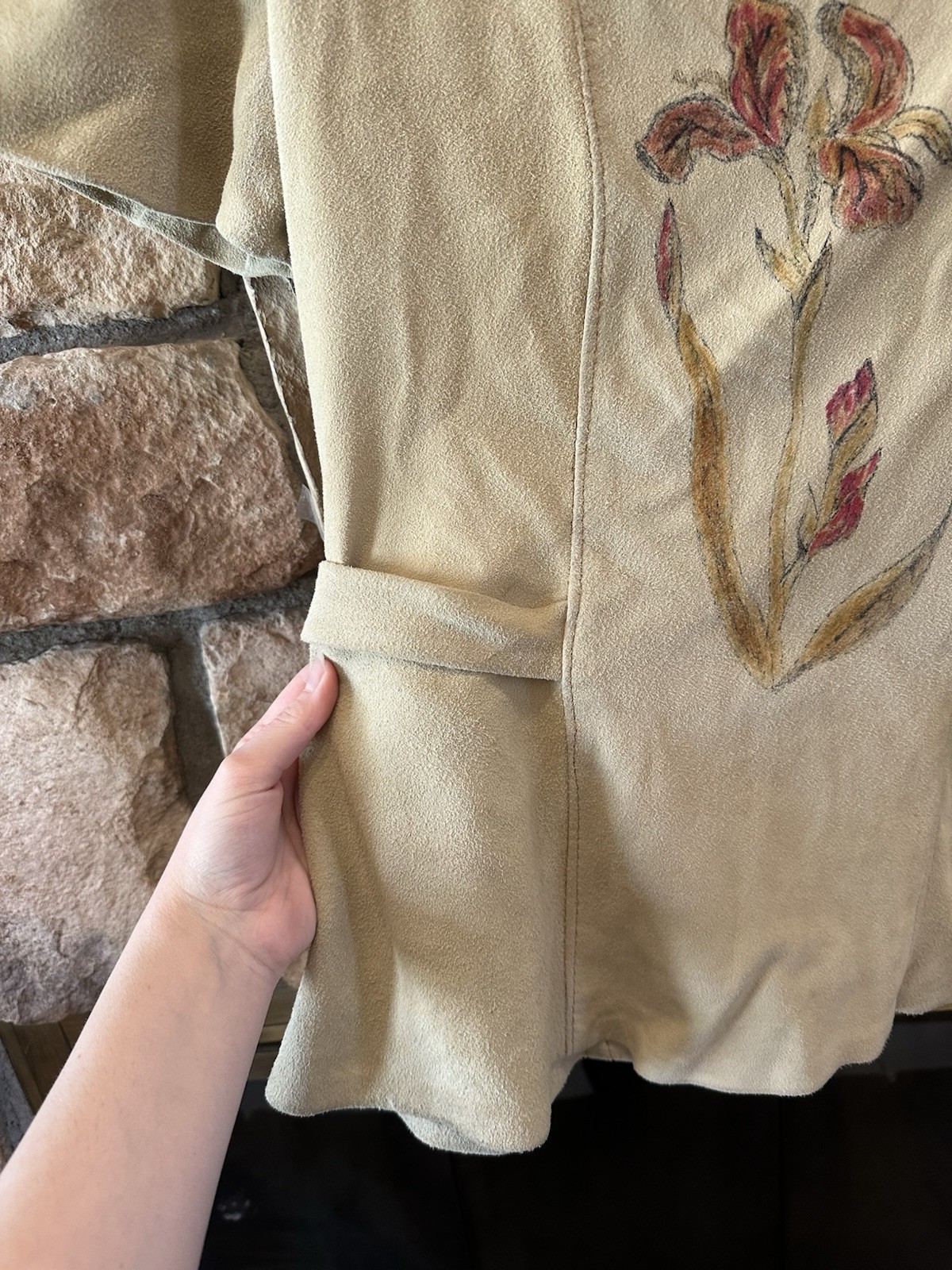 TRUE VINTAGE 60s/70s NATURAL COMFORT Leather Suede Tie Top Hippy Floral Tan L/XL
