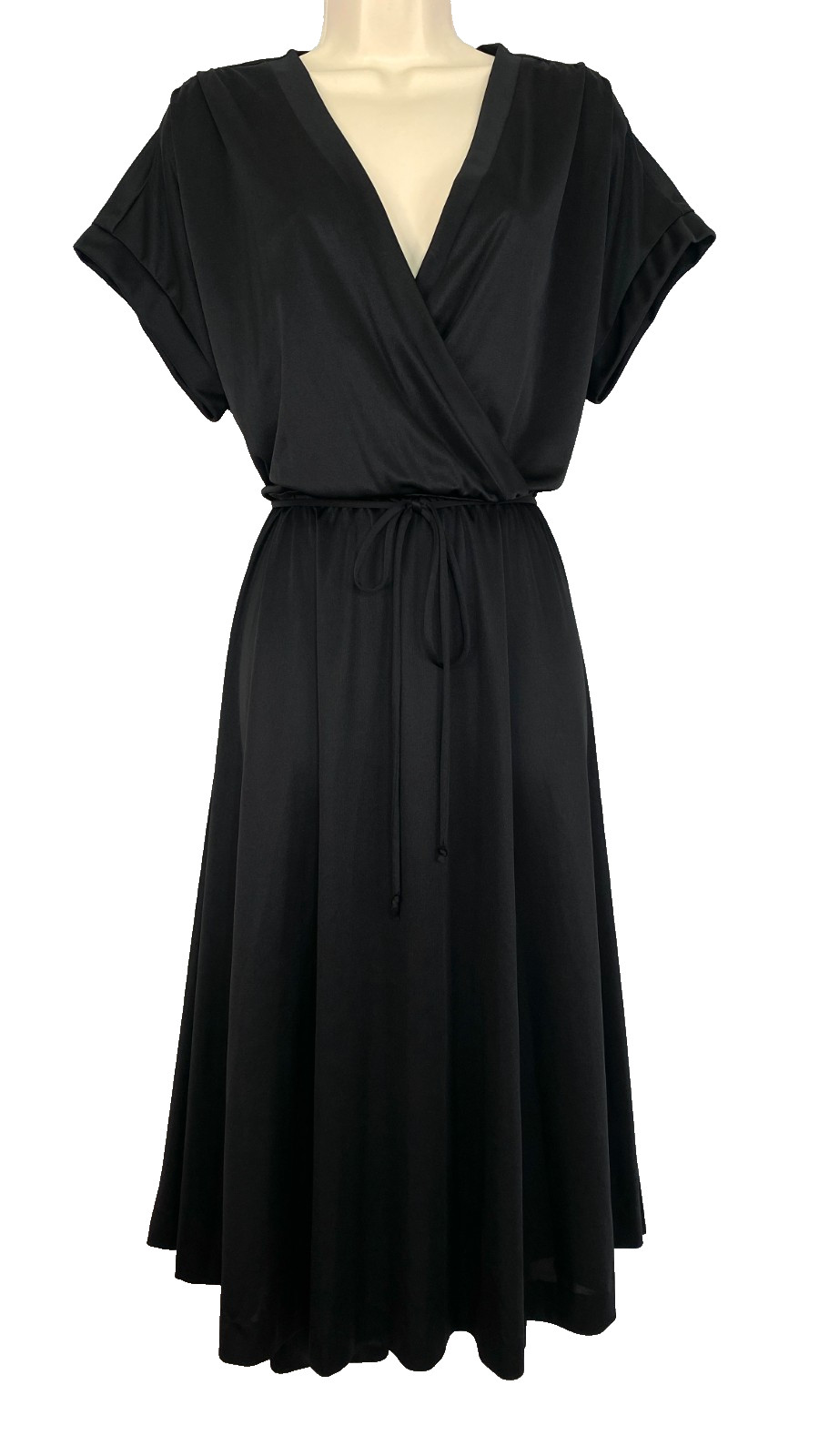 Vintage 1970s black midi dress XL short sleeve crossover A-line V neck disco