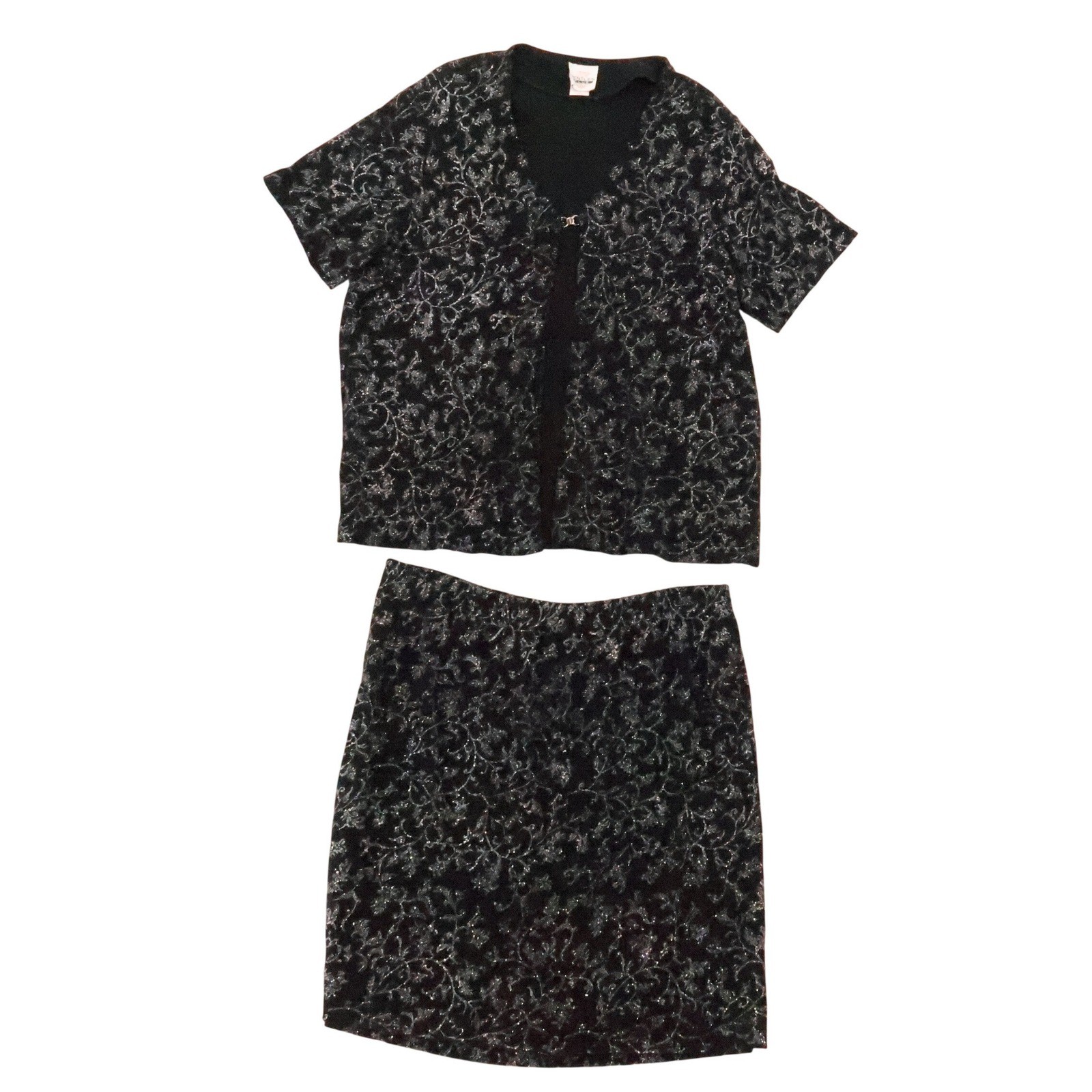 Glitter Floral Skirt Top Set Womens Size 1X Black Silver Vintage 90s Evening
