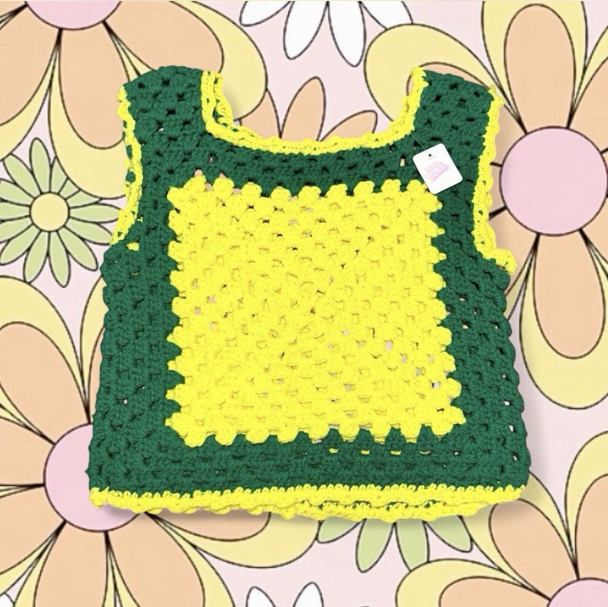 Authentically True Vintage 70s Handmade Green And Yellow Crochet Tank Top Size S