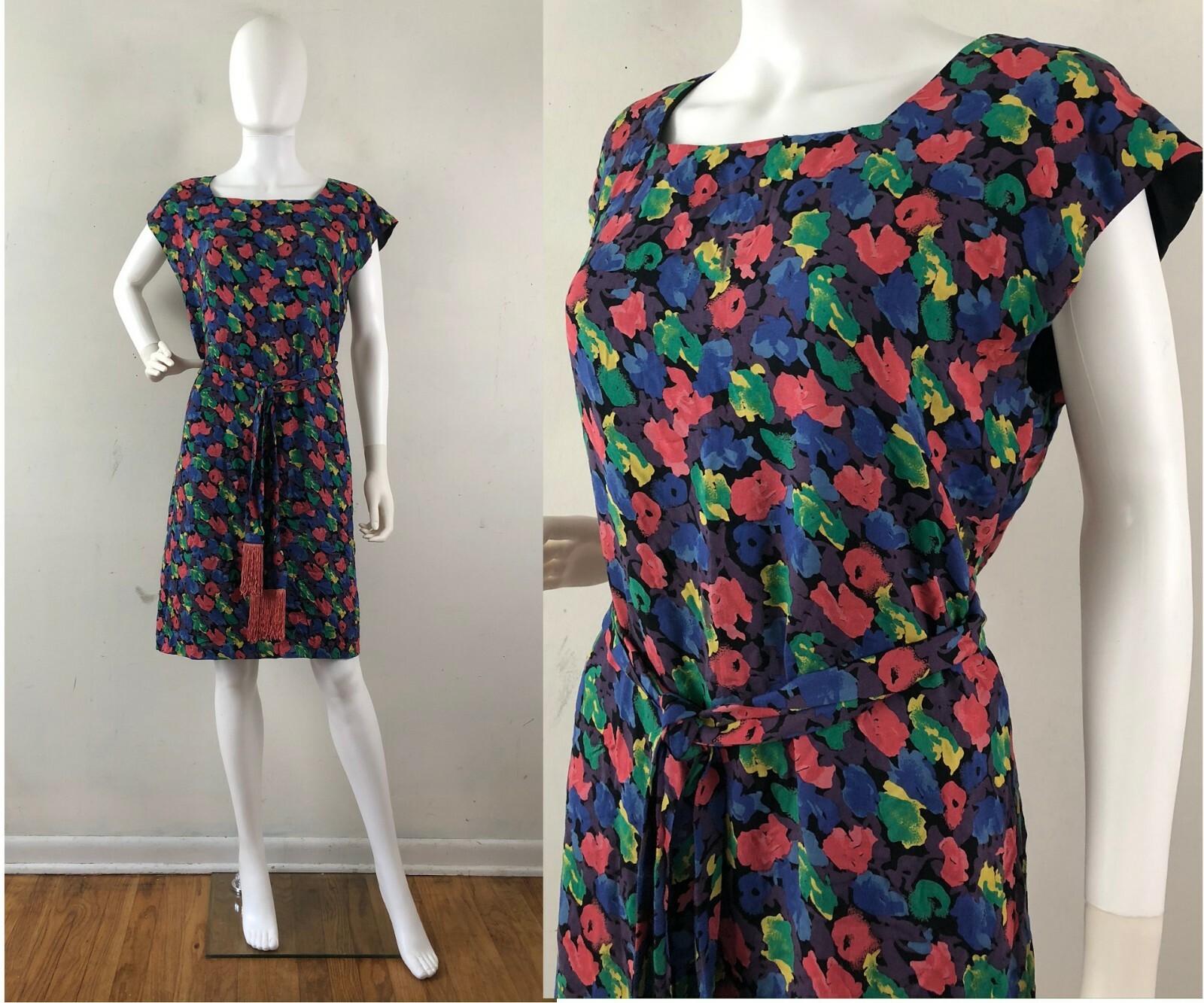 Vintage 1990s Dress Sleeveless Flowered Multi-colored Fringed Belt Casual X