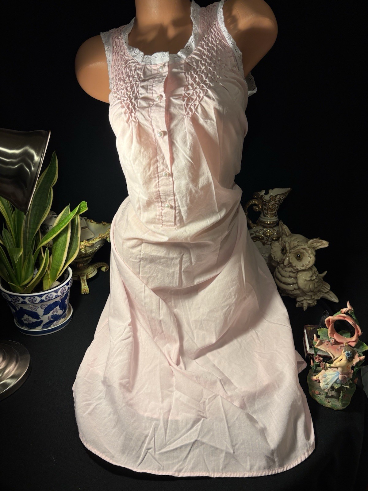 Vtg Cotton baby pink cottage, romantic beads wedding dress gown nightgown Gown S