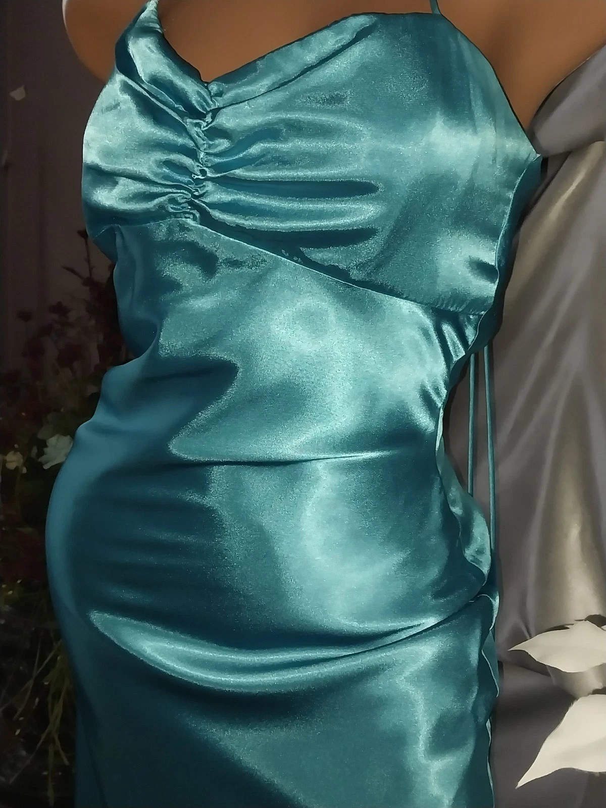 VTG SATIN SHINY BOMBSHELL LIQUID LACE UP RUCHED MAXI GLAM GOWN DRESS TALL S NEW