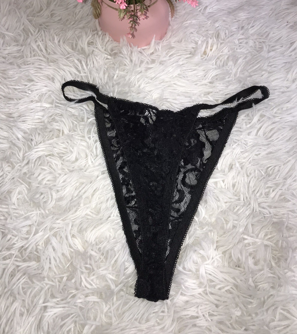 Women’s Lace Sz Large Floral Thong String Panties Black Strappy Underwear