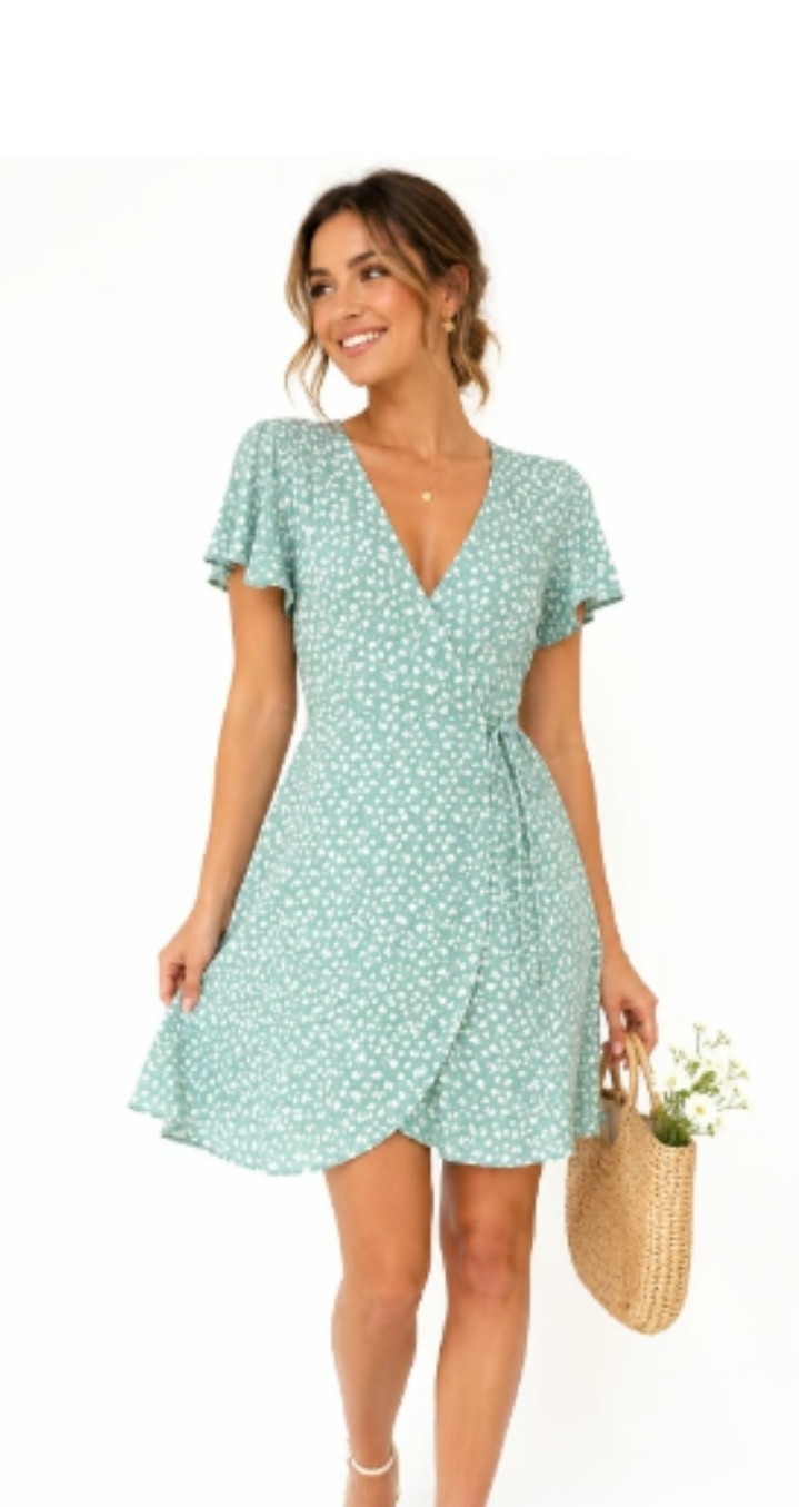 Monteau Green Floral Wrap Dress Boho Cottagecore Flutter Sleeve Size L