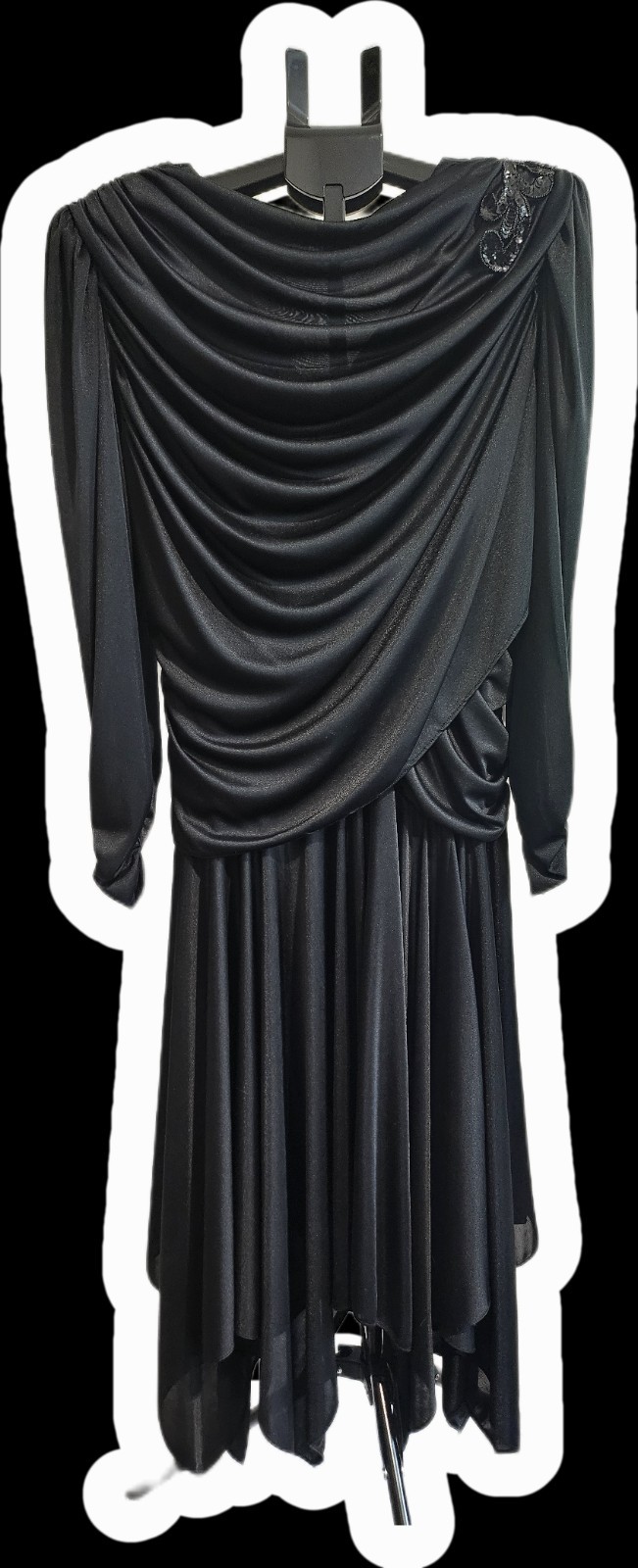 Vintage Filigree LTD Black Gothic Cocktail Dress Beaded Ruched Draped Sz 16