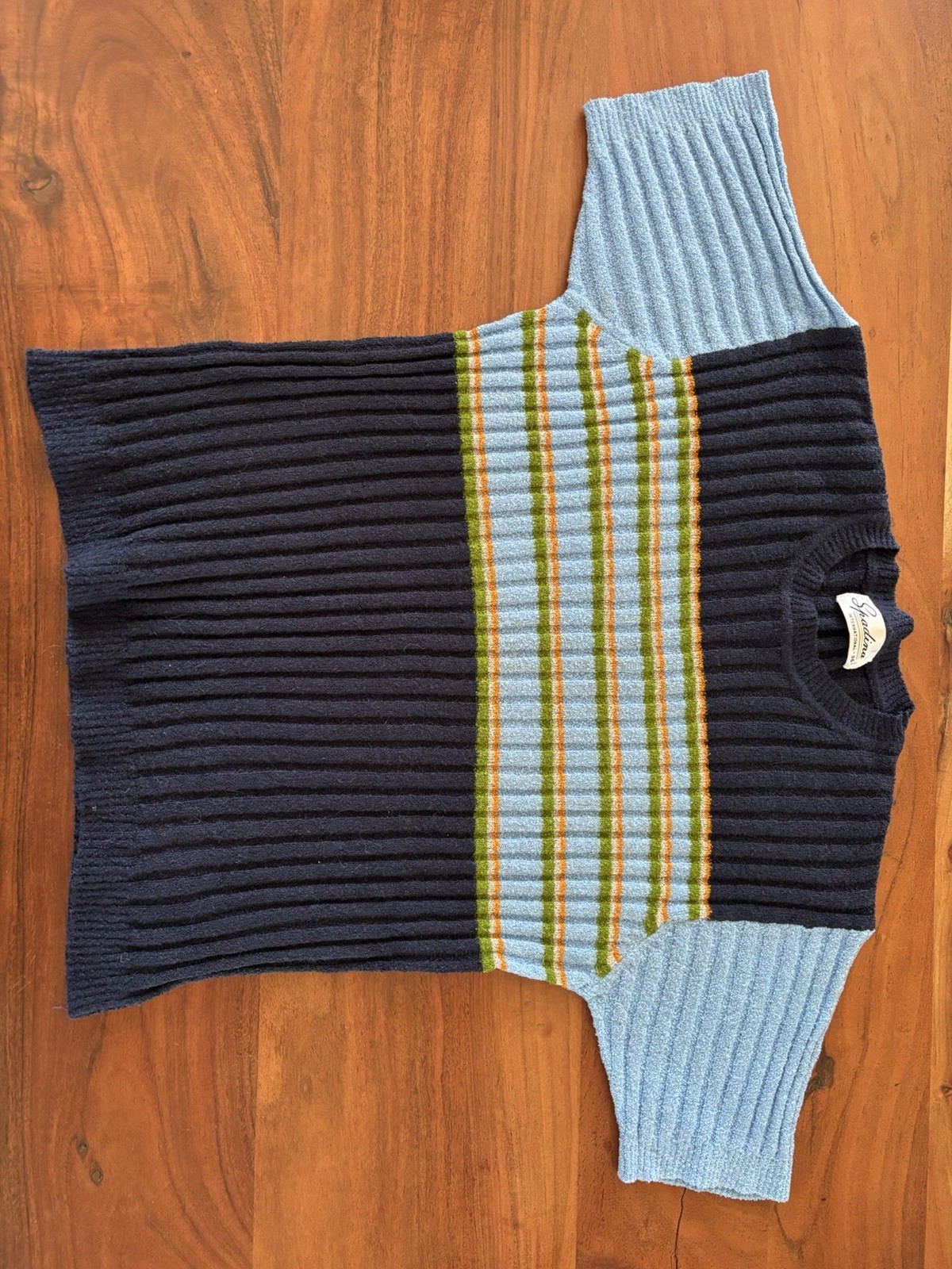 Vintage 1970’s-80’s Women’s Blue, Green And Orange Striped T -Shirt Size 6