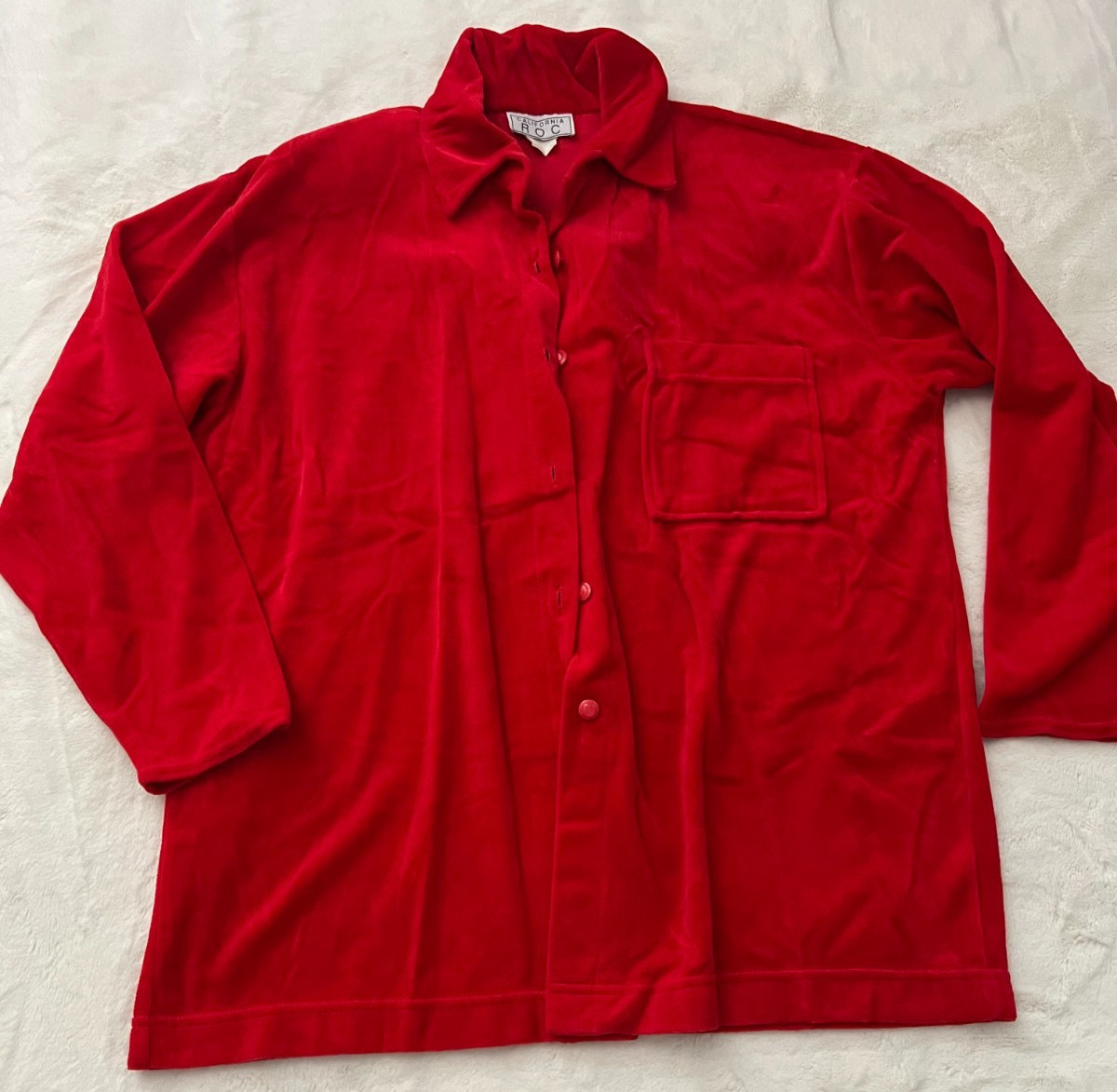 Vintage California Roc Red Velour Long Sleeve Button Front Blouse Womens Top L
