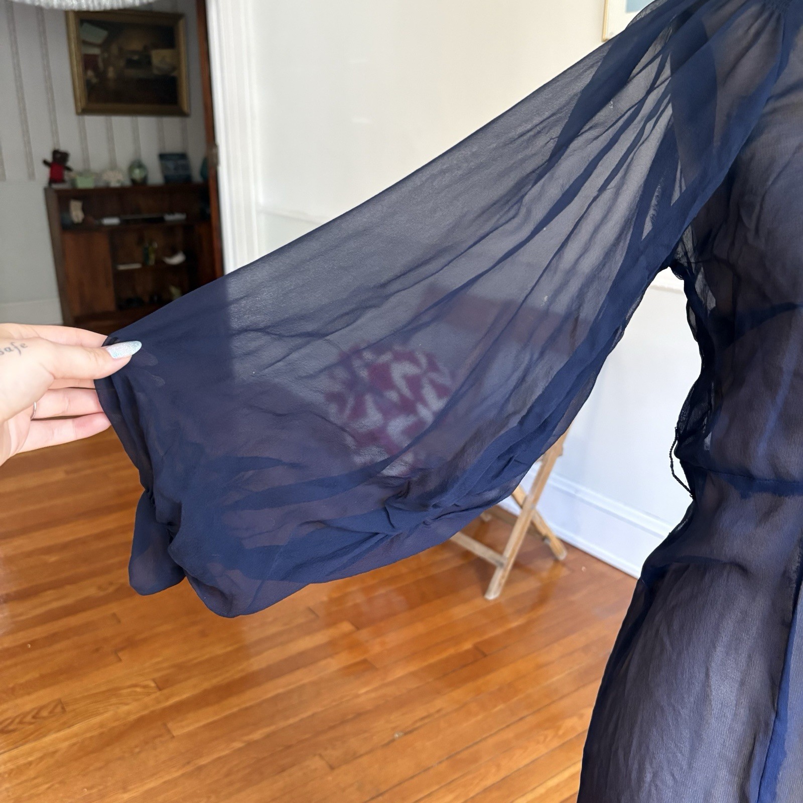 Vintage 1930s Sheer Blue Bias Cut Dress Balloon Sleeve Used As Is