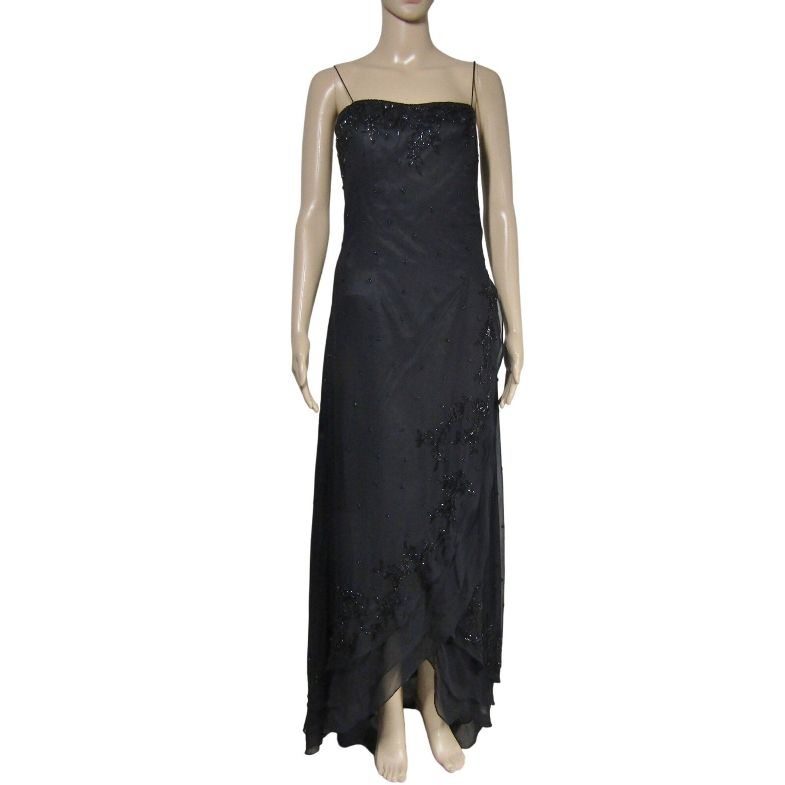 VTG Y2K Scala SILK S Beaded ASYMMETRICAL Whimsigoth Black Prom Maxi Formal Dress
