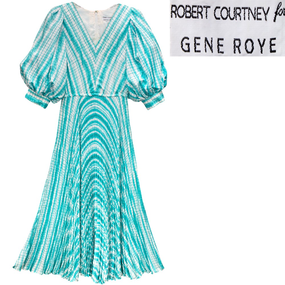 1980s Vintage Dress Aqua Blue Satin Pouf Sleeve Robert Courtney Gene Roye