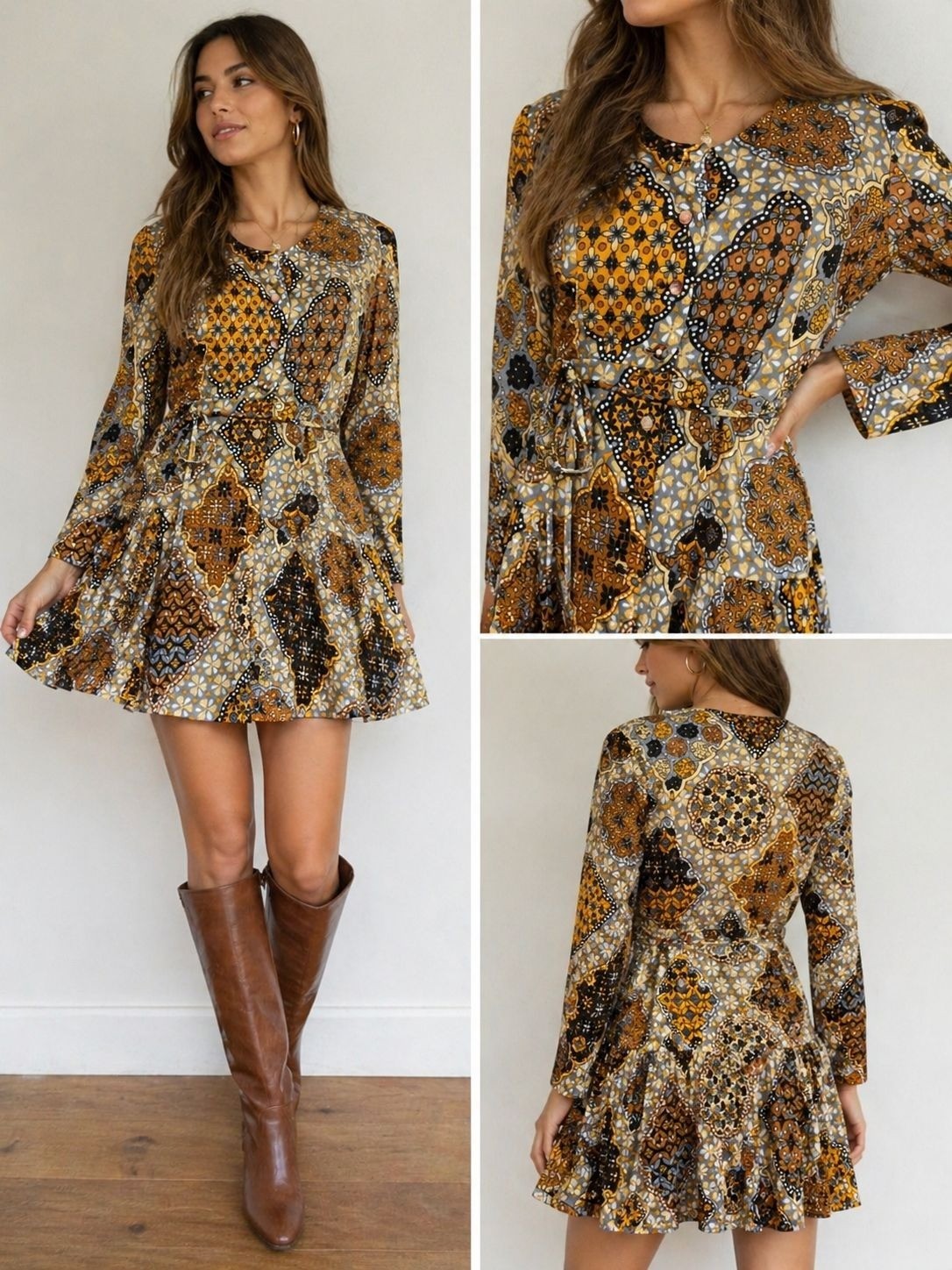 Vintage 70s Womens Boho Floral Print Dress Belted Long Sleeve Retro Mod Print