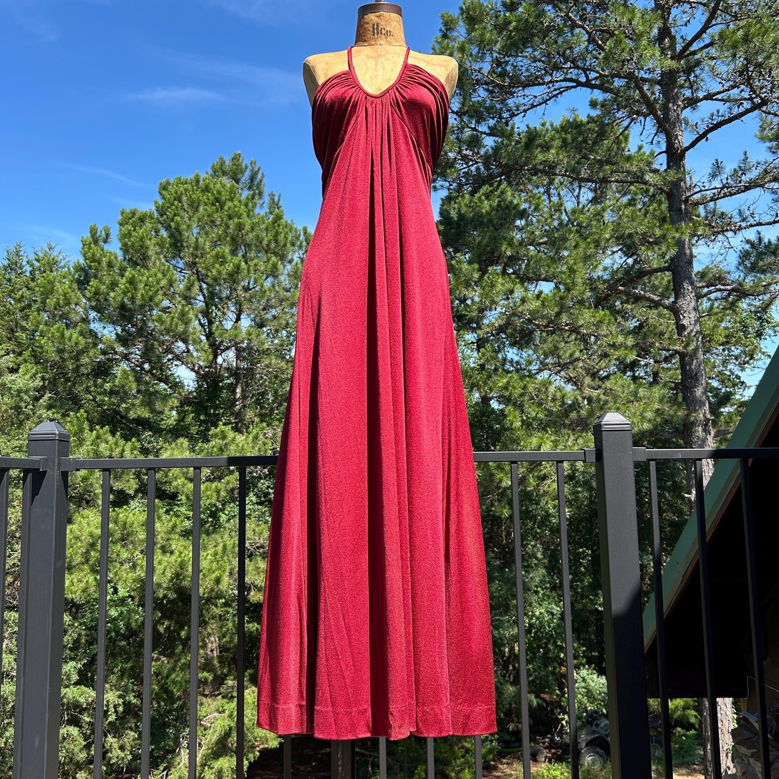 Vintage 70s Rusty Red Draped Gathered Grecian Empire Waist Flowy Maxi Dress S