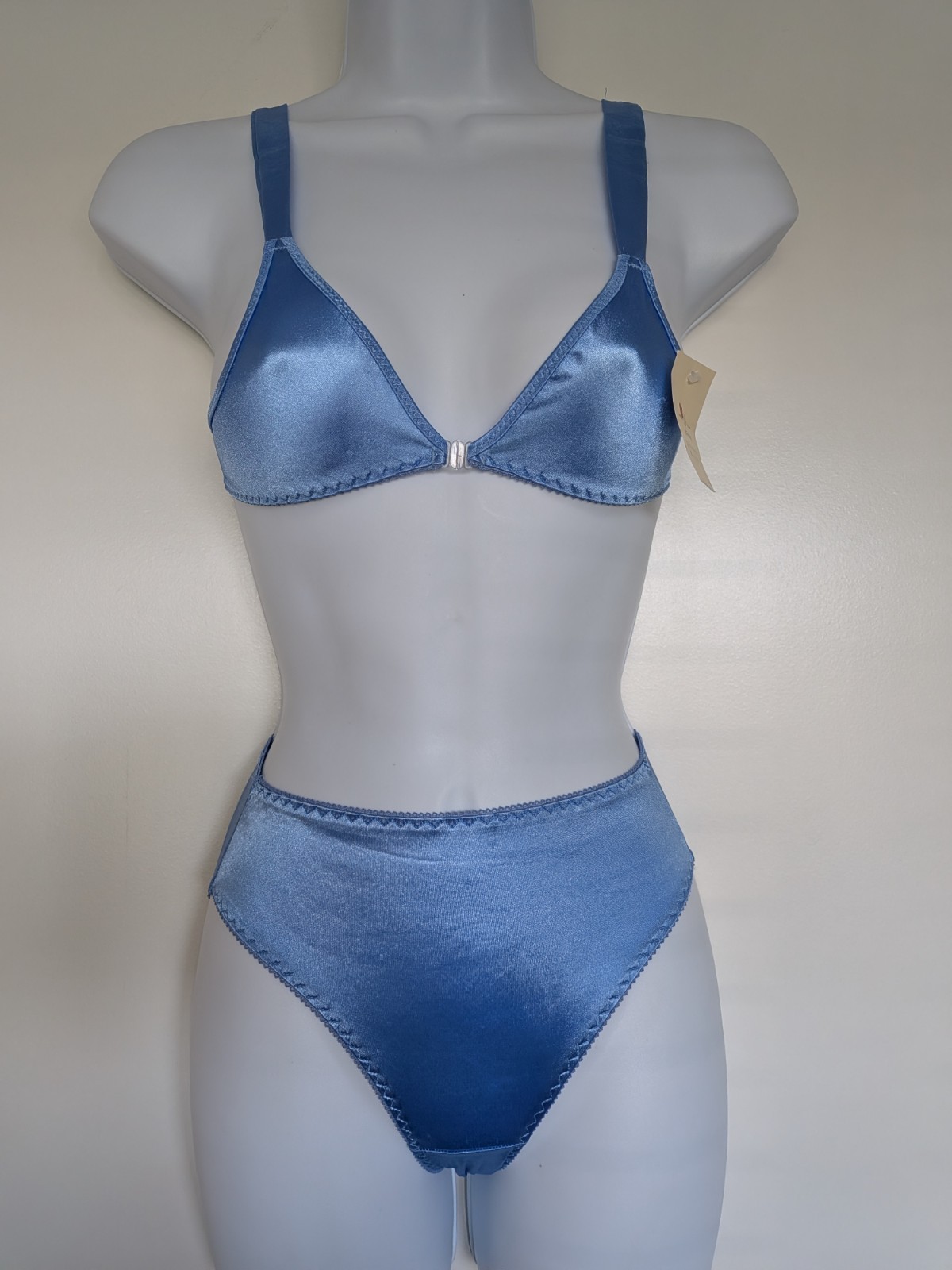 Vintage JCPenney Ultimate Basics shiny blue satin panties front hook bra set S