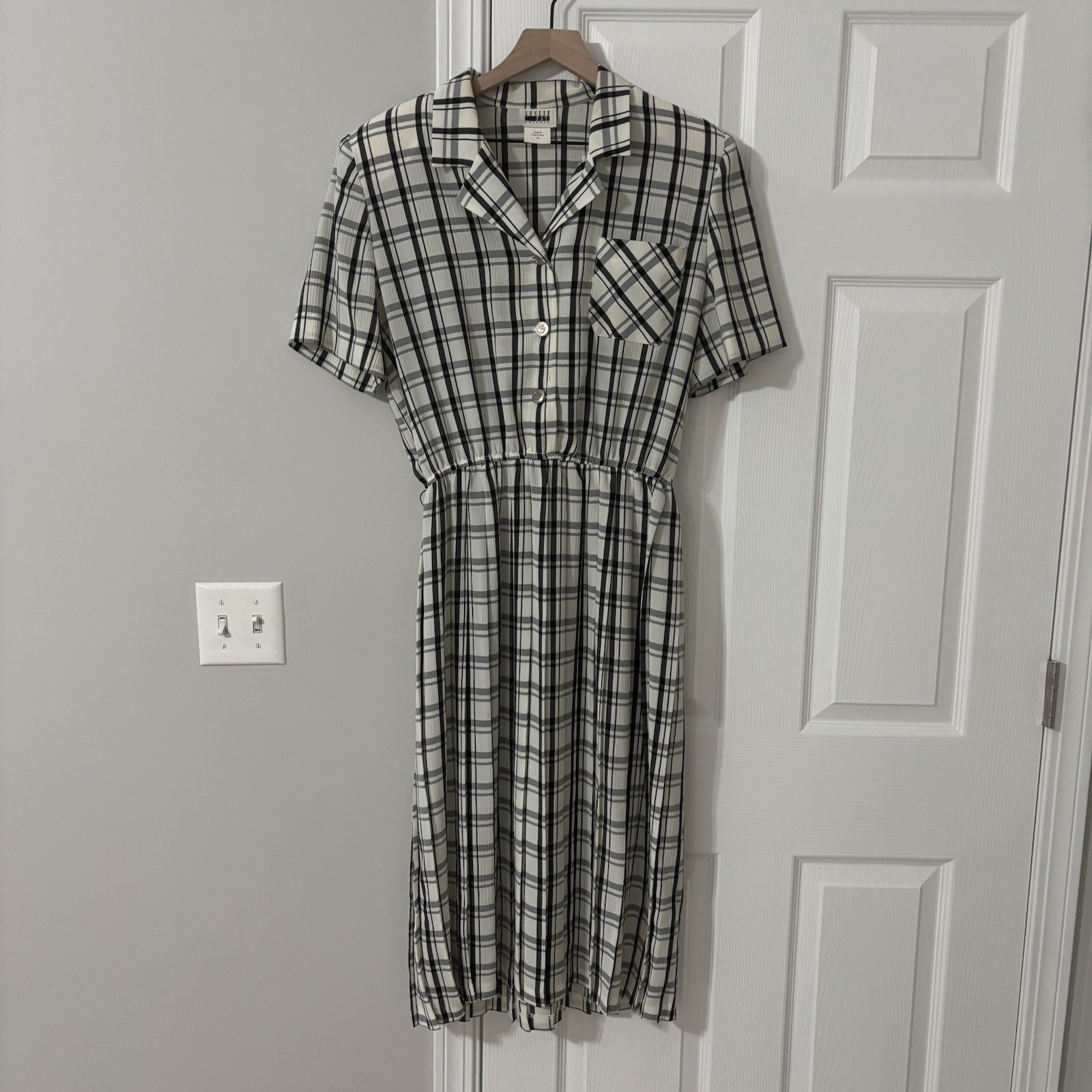 Vintage 80s Leslie Fay Black White Checkered Plaid Midi Shirtdress Pleated 14