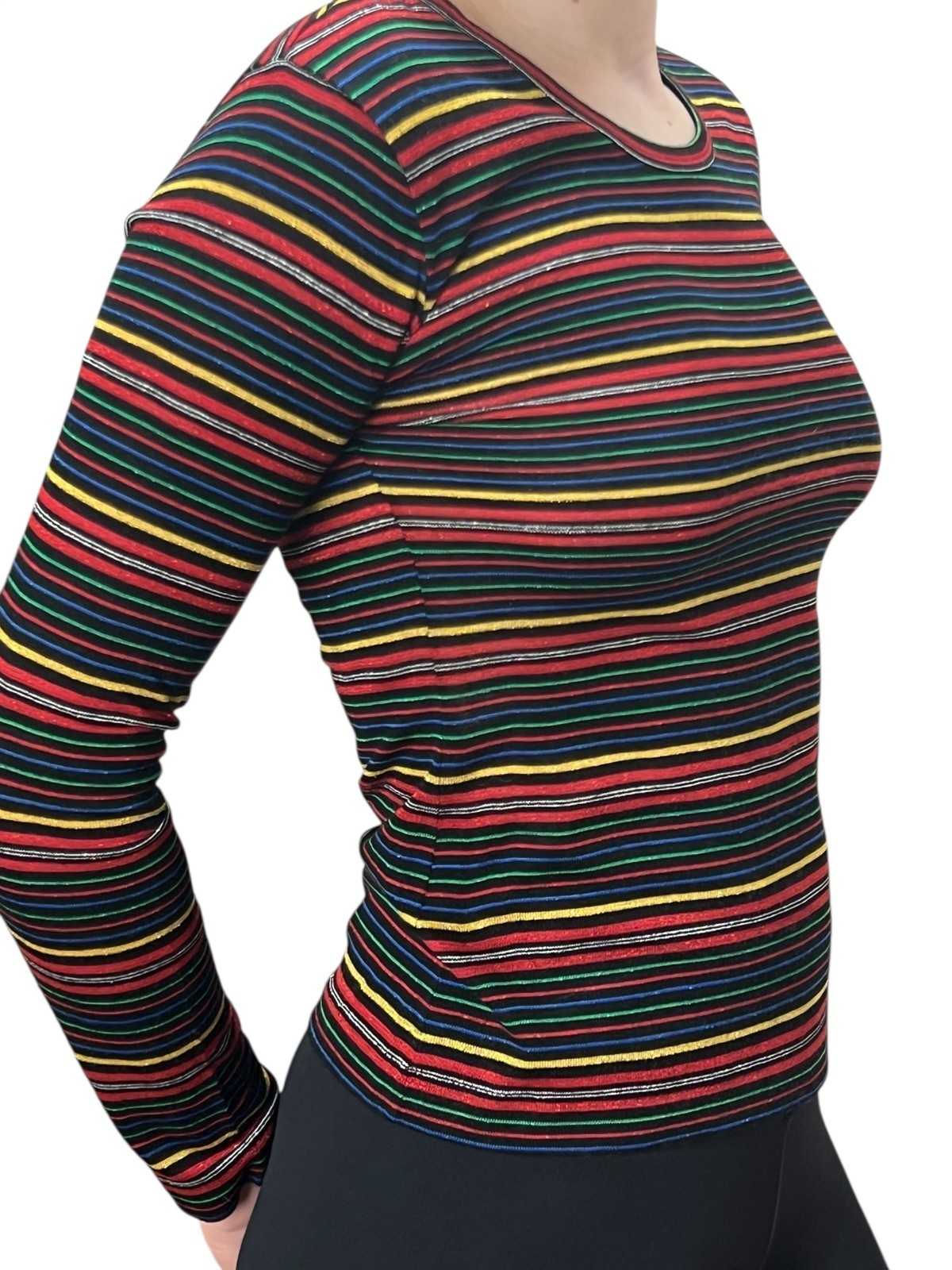 Vtg 70s Sz XS~S LUREX TOP Striped Metallic Pullover Shirt Genesis Hong Kong