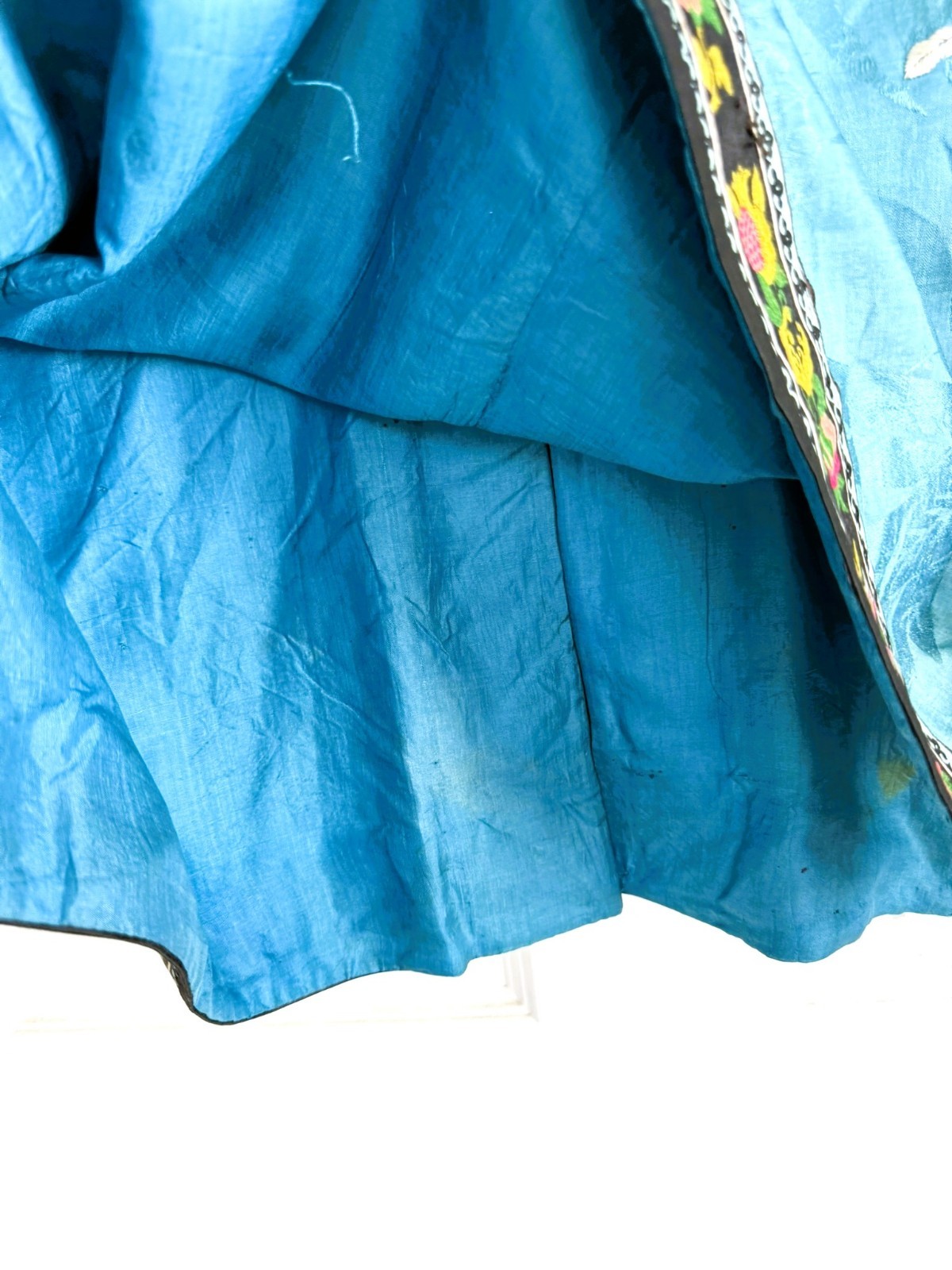 1920s 2pc Chinese Silk Satin Embroidered Blue and Peach Floral Robe Pants Set