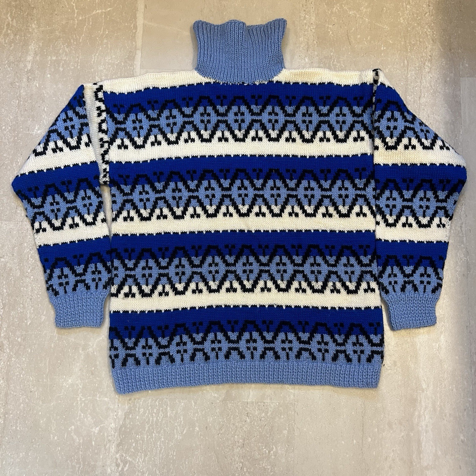 Vintage Handknit Wool Blue, White, And Black Winter Turtle Neck Sweater