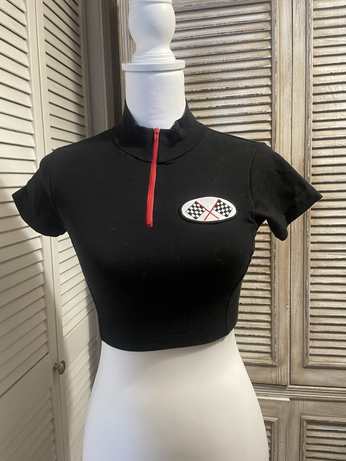 90s Vintage Race Car Crop Top Rockabilly Spandex Cotton Zipper Dance street wear