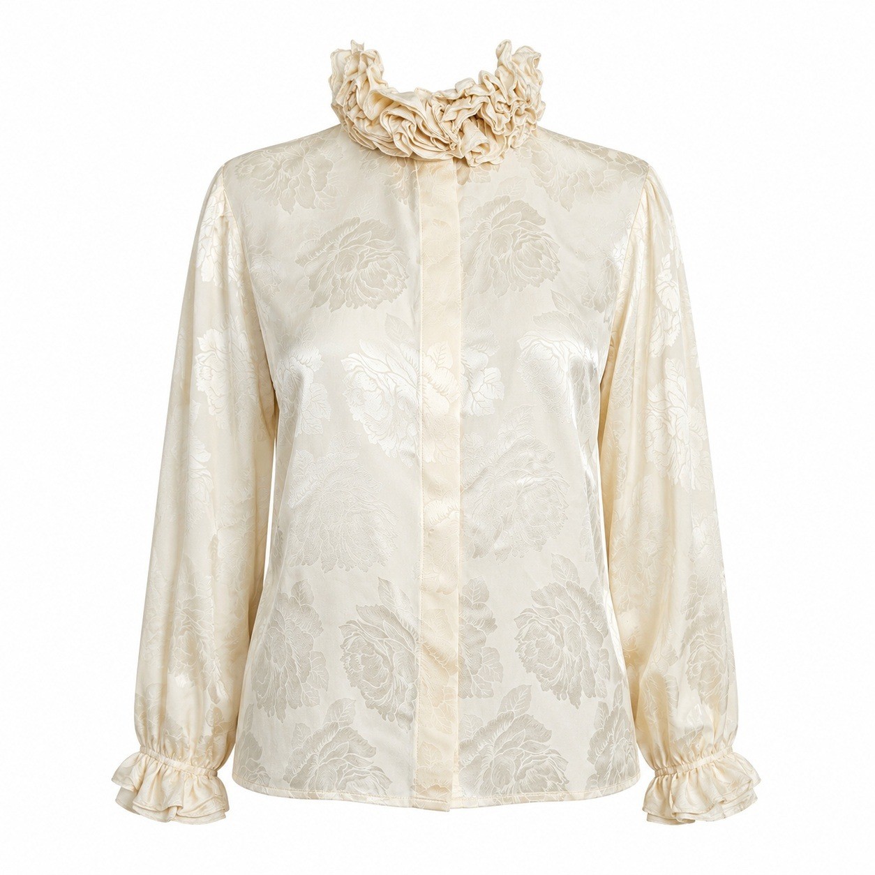 Vintage Ivory Floral Jacquard Ruffle Neck Blouse Romantic Cottagecore Womens M