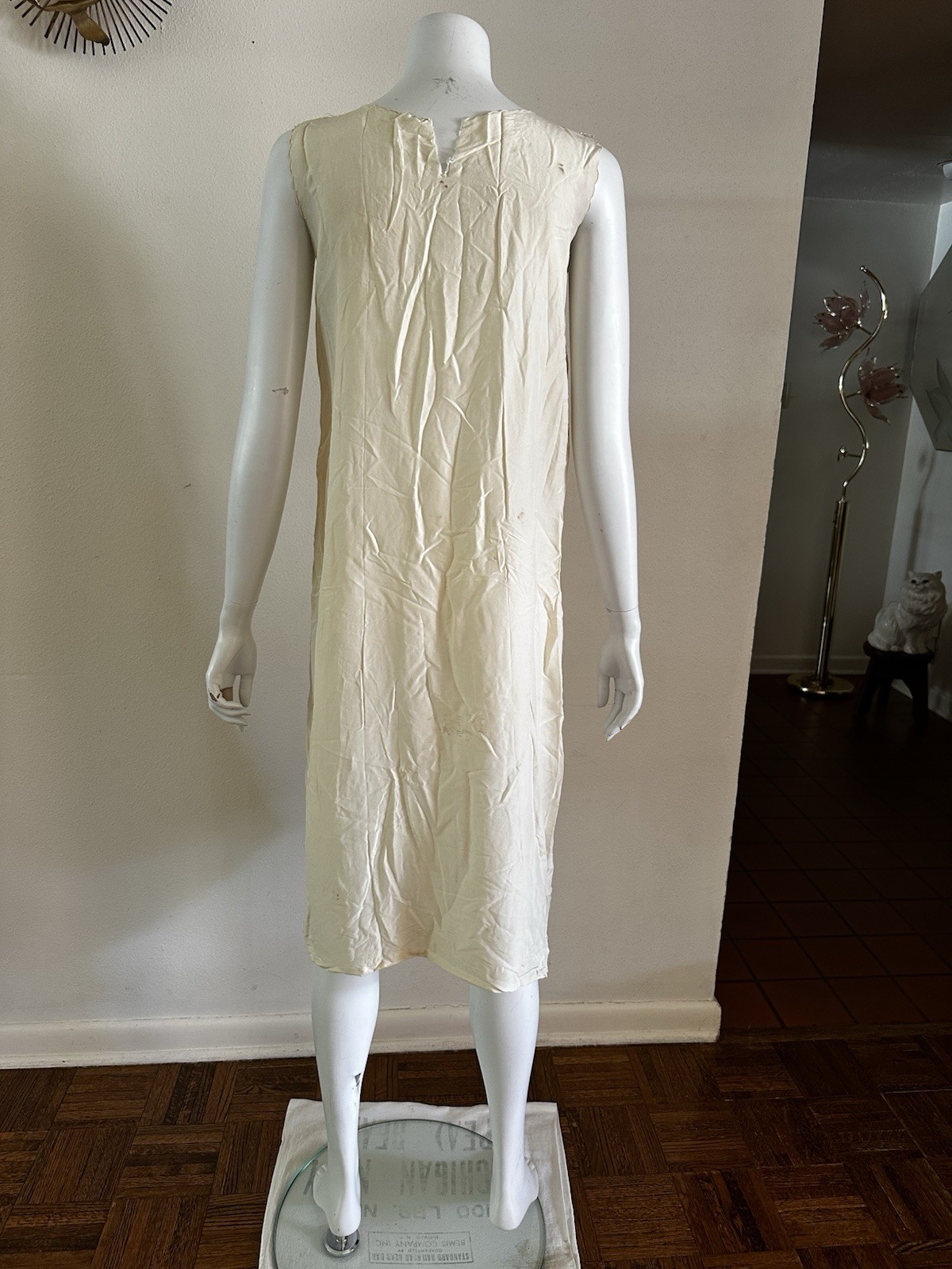 1930s Ivory Rayon Crepe Slip Dress AS-IS Filet Lace Embroidered Pocket DAMAGED
