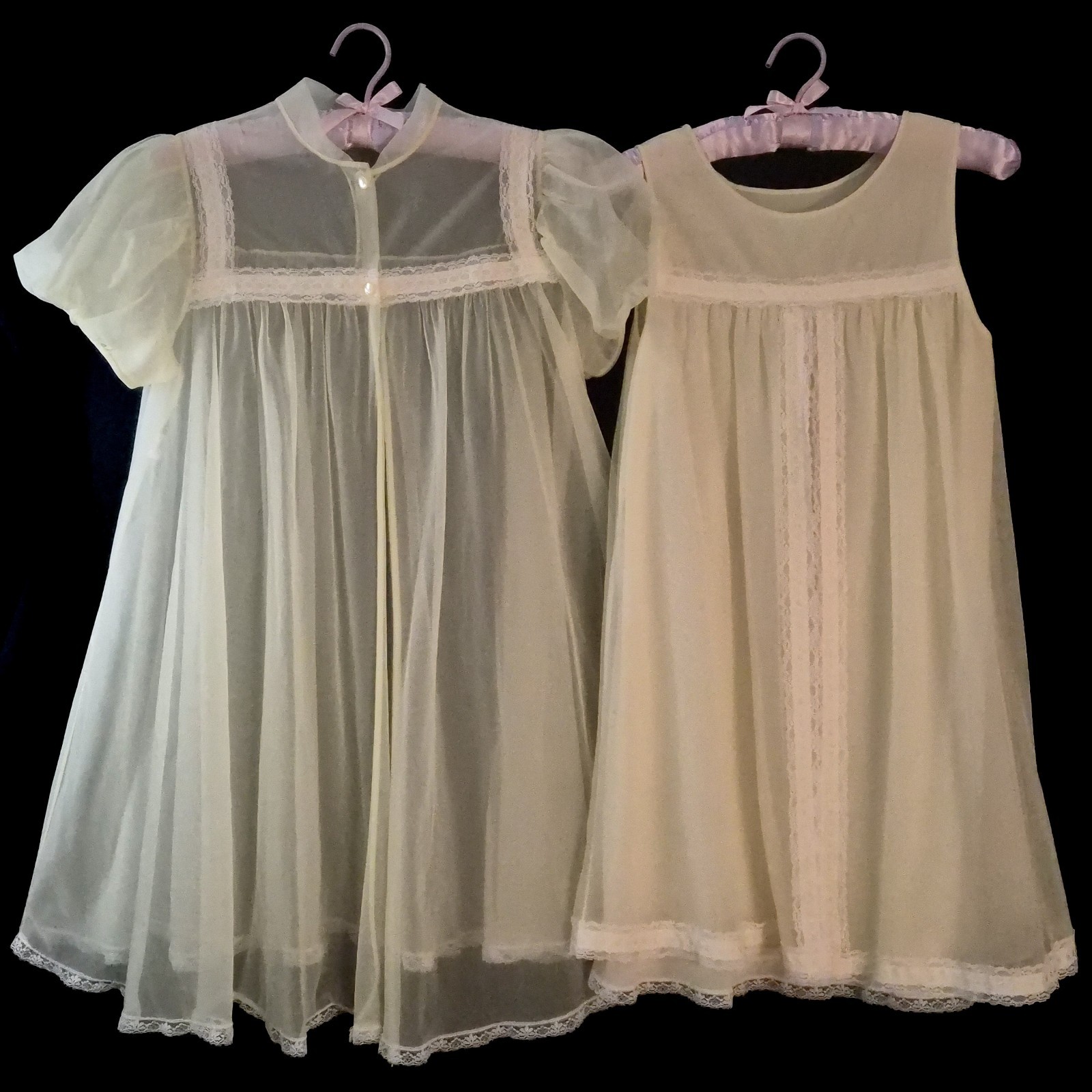 2pc Vintage YELLOW Nightgown PEIGNOIR Robe Set SHEER Chiffon BABYDOLL Dress XS/S