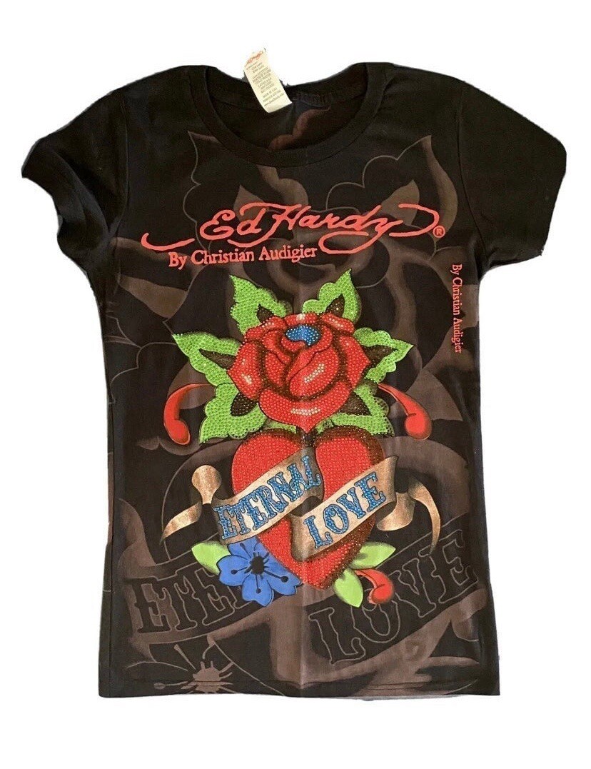 Womens Y2k Ed Hardy Tee Shirt “Eternal love”™ RARE rhinestone nwt