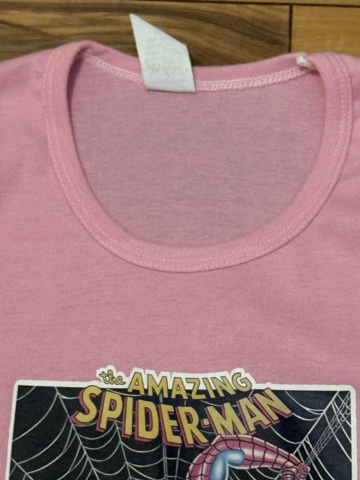 Vtg 70s Baby Doll TShirt Pink The Amazing Spiderman XS Single Stitch Polycotton