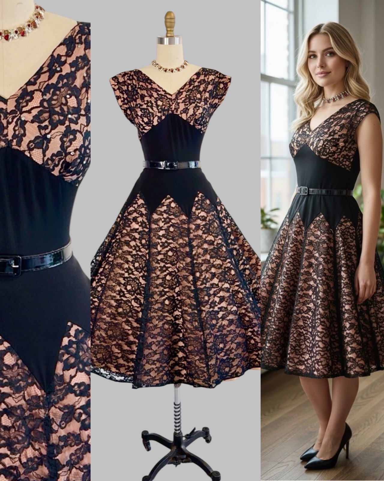 Vintage 1950s Floral Lace Rhinestone Pointed Waist Cocktail Pinup Party Dress S