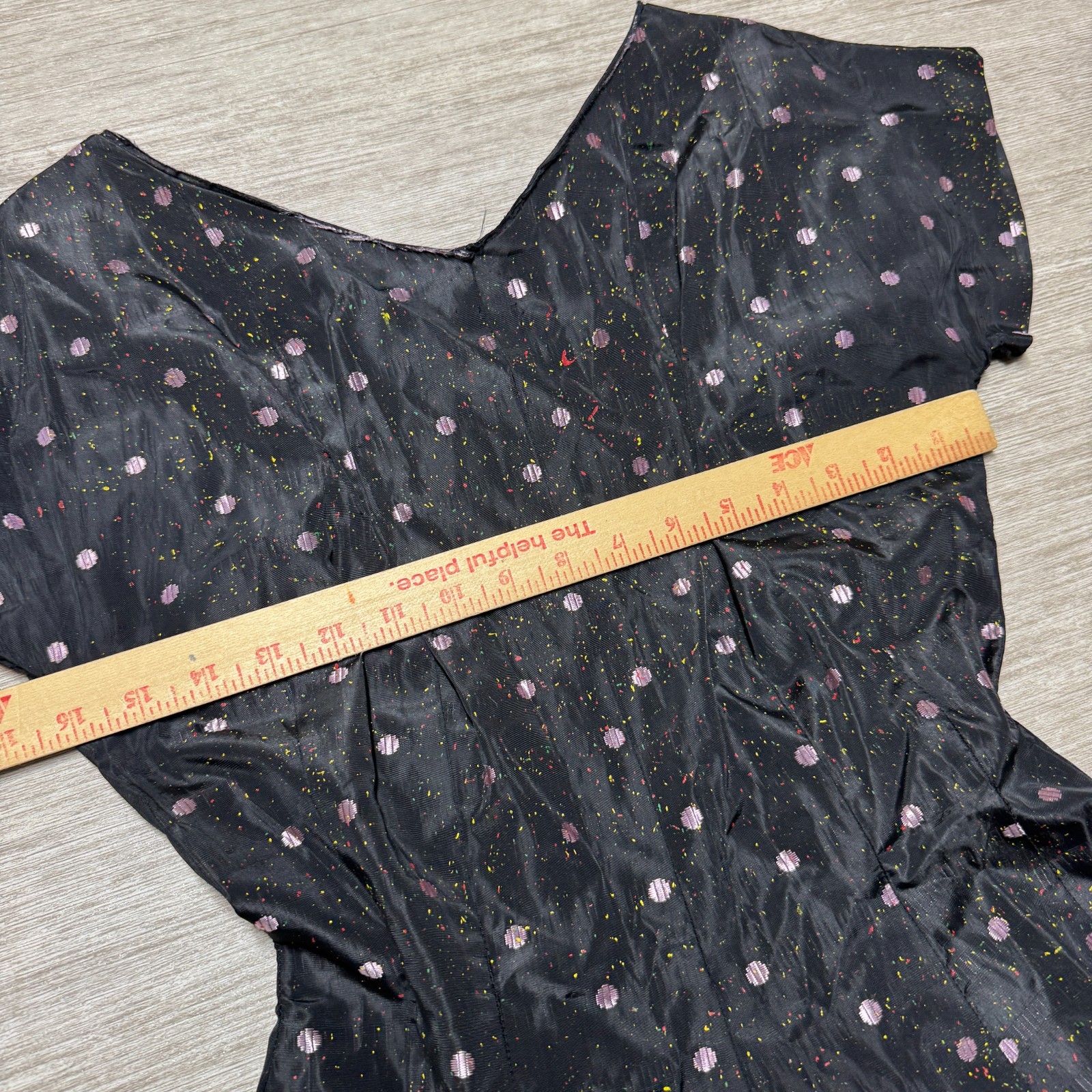 Vintage 1950s Novelty Polka Dot & Paint Splatter Acetate Taffeta Dress S/M