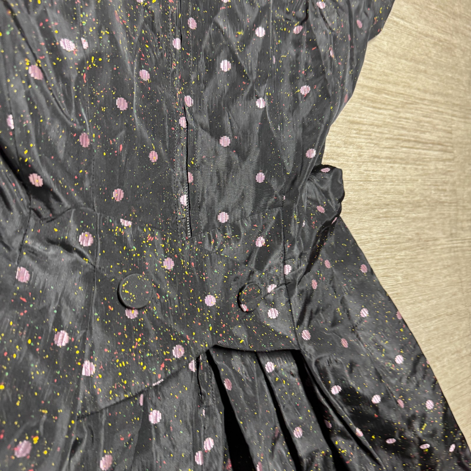 Vintage 1950s Novelty Polka Dot & Paint Splatter Acetate Taffeta Dress S/M