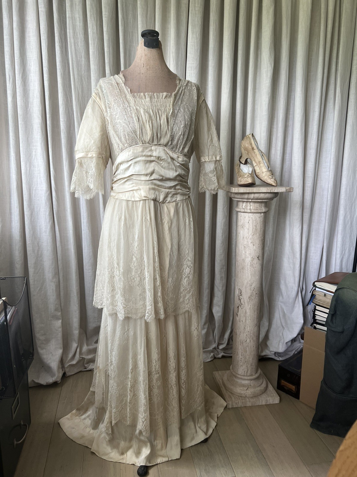 Stunning Antique Edwardian Silk Lace Wedding Dress with Original Shoes