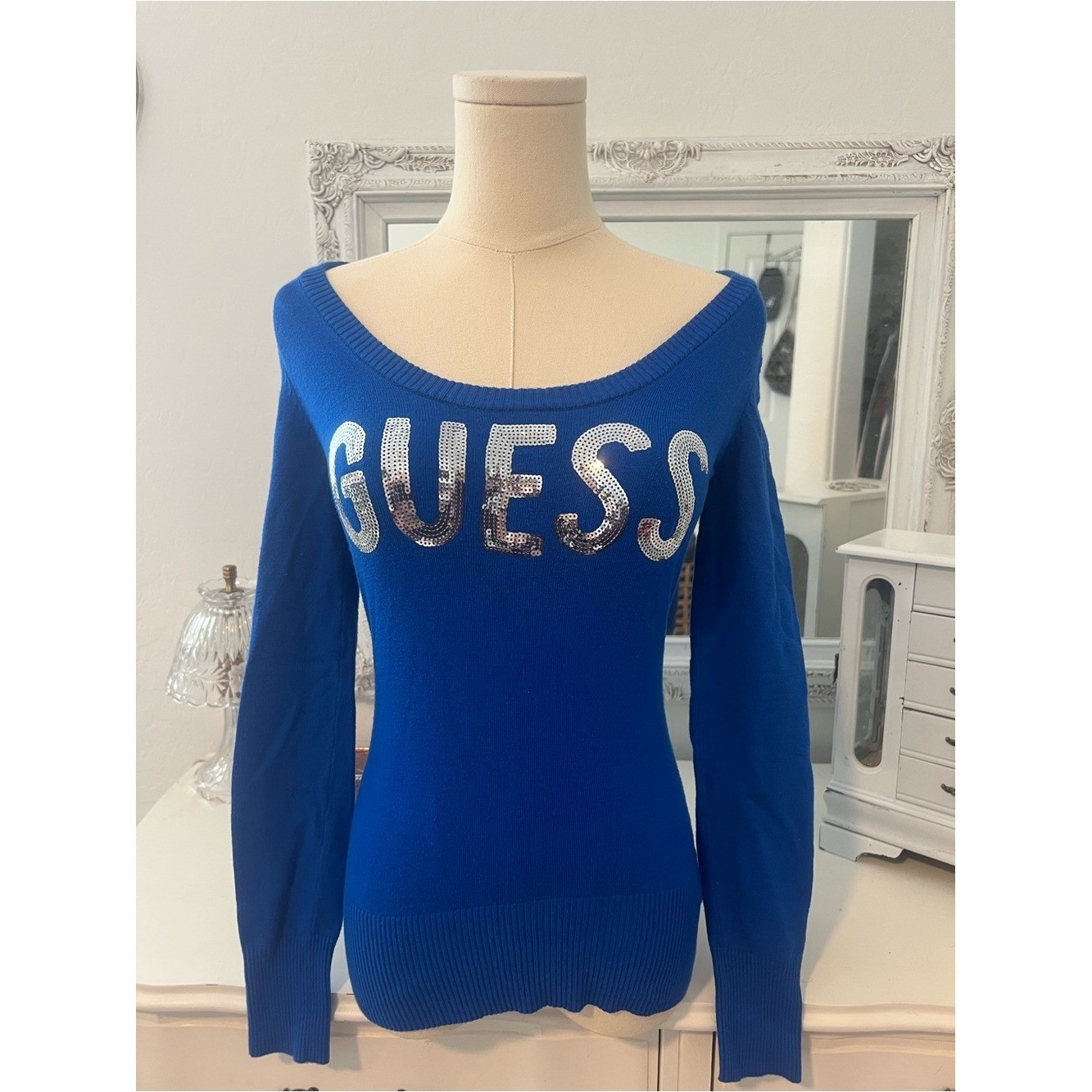 vintage guess blue sequin logo fitted long sleeve sweater