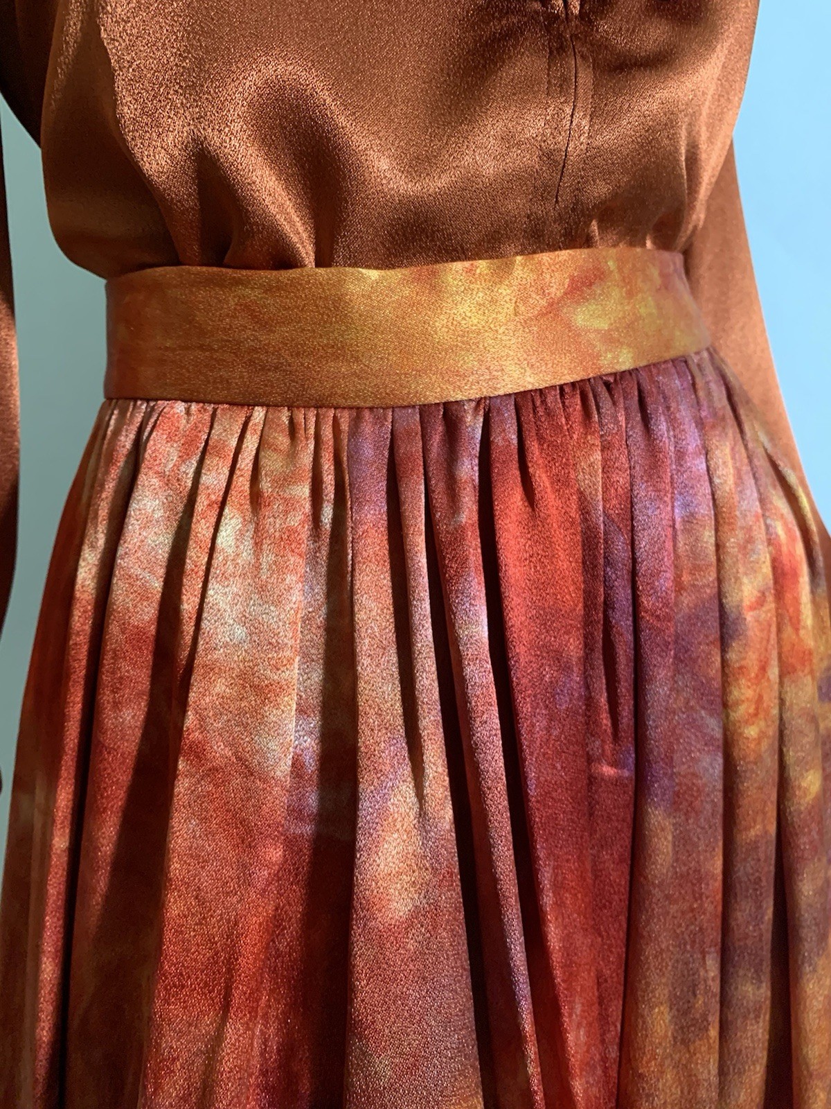True Vintage 1970s Fiery Hued Tie Dye Silk 3 Pc Peasant Dress Set
