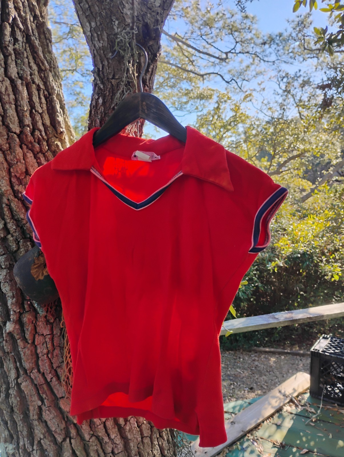 Vintage 70’s Woman Shirt Cap Sleeve Red White Blue Collar Shirt Rockabilly