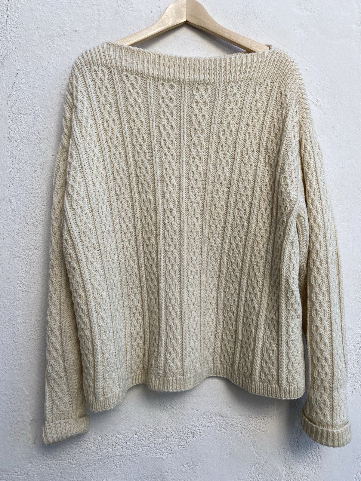 Vintage Handknitted In Denmark L 100% Wool Boatneck Sweater Ivory